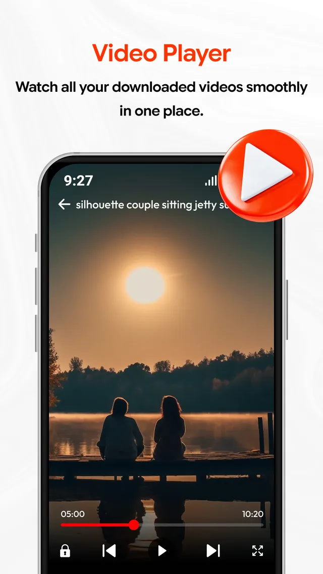 Video player showing a saved file with a progress bar and lock, skip and fullscreen controls