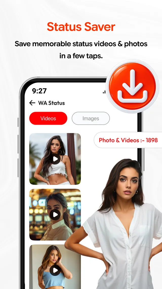 Status screen with Videos and Images tabs over a grid of available status media
