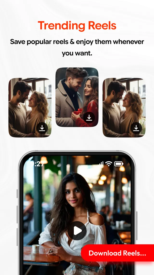 Reels grid with a download button on each thumbnail, above a full-screen reel with a Download Reels button